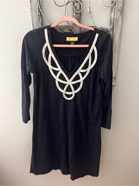 Navy Women's V-Neck Tunic Dress with White Braided Detail